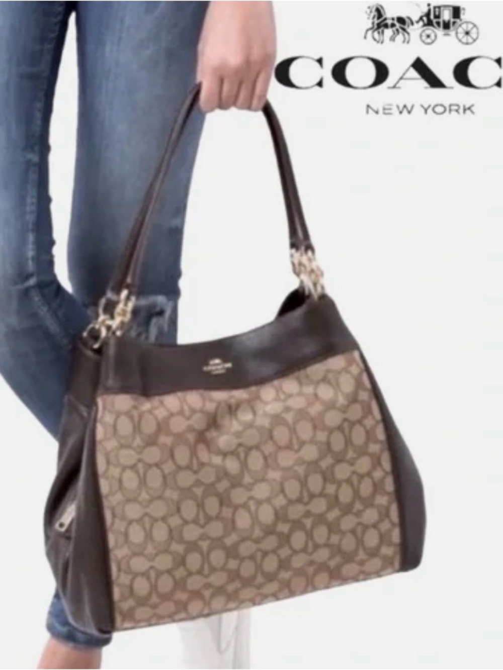 Coach Brown Signature Canvas Shoulder Bag with Dark Brown Trim